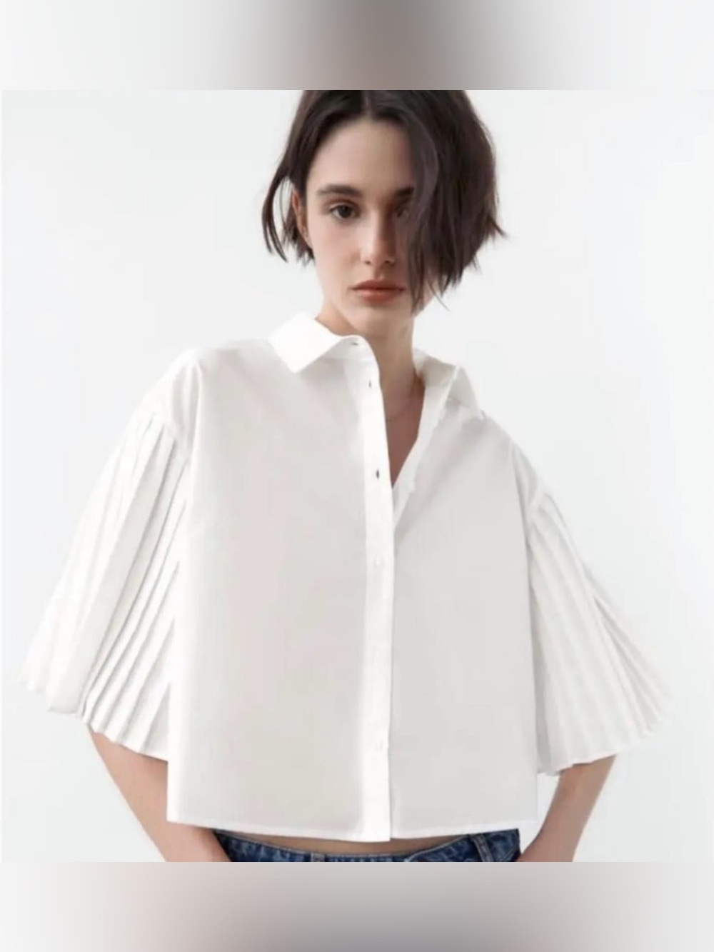 ZARA White Pleated Sleeve Button Down Blouse Top